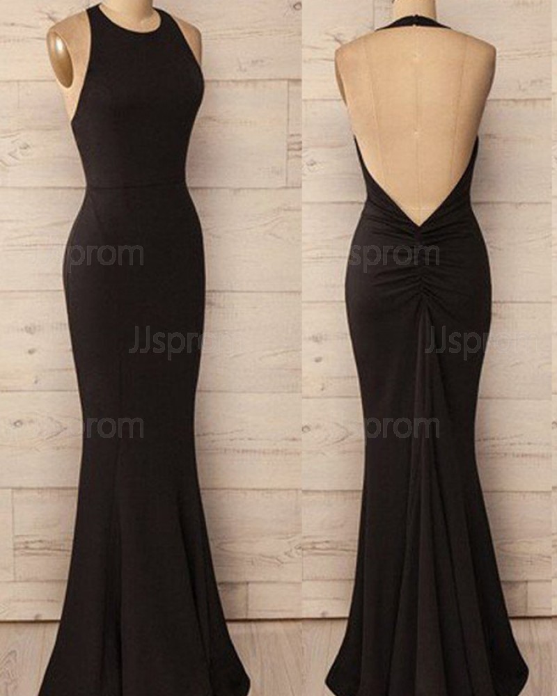 Simple Mermaid Satin Halter Black Prom Dress PM1244