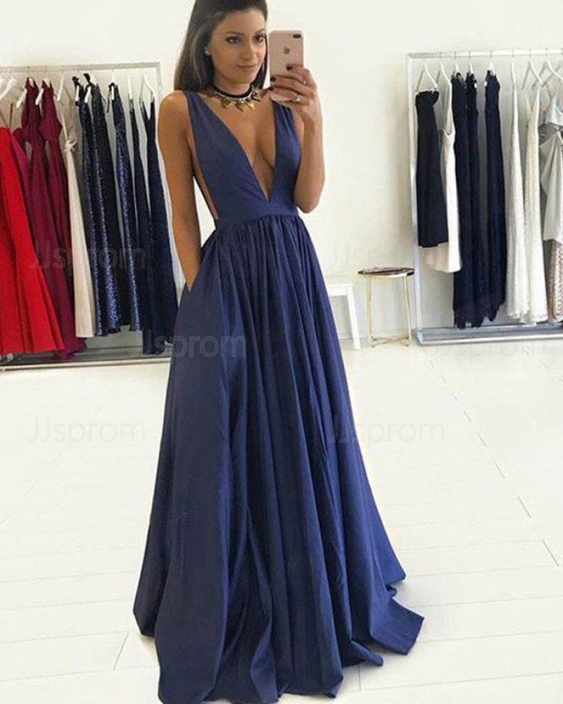 Long Navy Blue Deep V-neck Pleated Prom Dress with Pockets PM1245