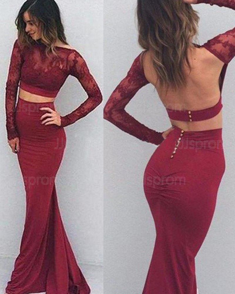 Burgundy Satin Two Piece Lace Bodice Mermaid Prom Dress with Long Sleeves PM1246