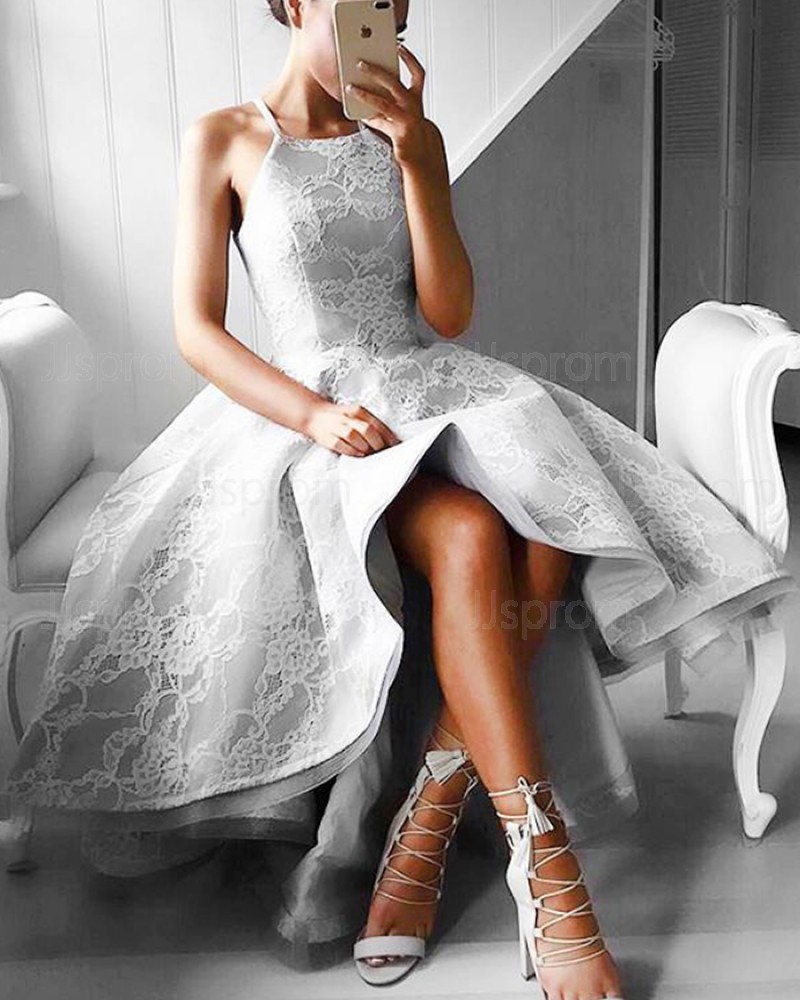 Stunning Grey High Low Spaghetti Straps Lace Formal Dress PM1266