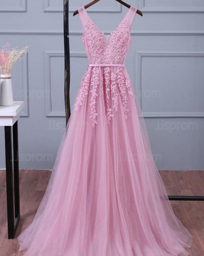 Pink Long V-neck Lace Appliqued Tulle Prom Dress PM1269