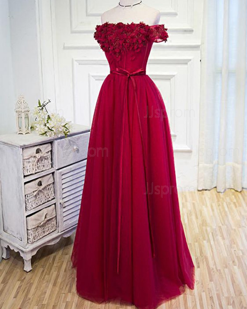 Long Red Tulle Off the Shoulder Prom Dress with Handmade Flowers PM1271