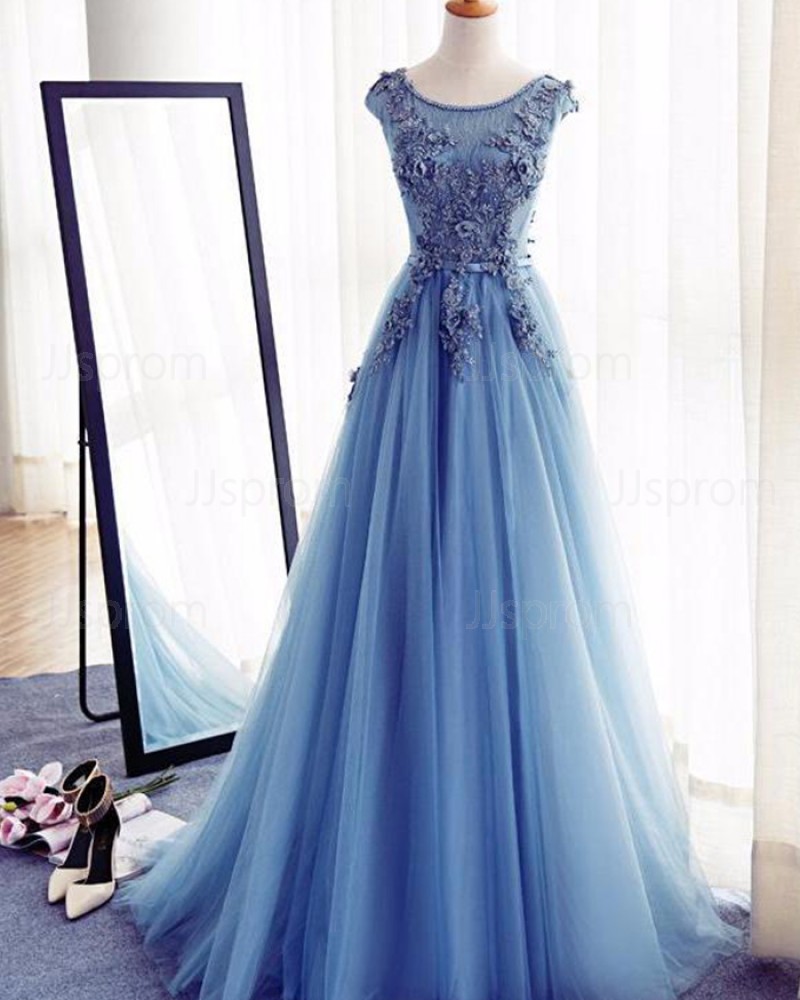 Blue Tulle Jewel Handmade Flowers Long Prom Dress PM1273