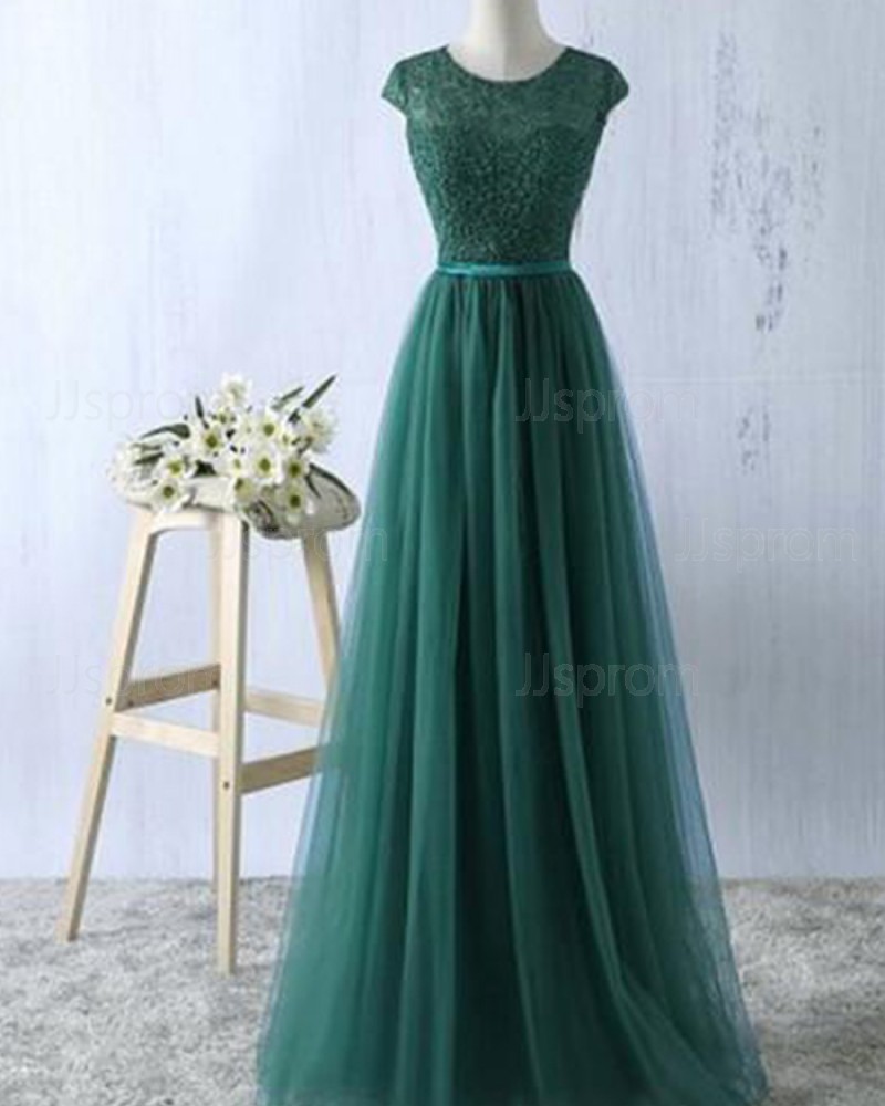 Long Green Tulle Sheer Lace Bodice Prom Dress PM1278