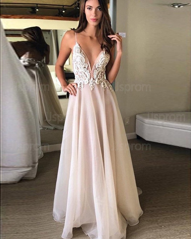 Dusty Pink Spaghetti Straps Appliqued Bodice Tulle Prom Dress PM1279