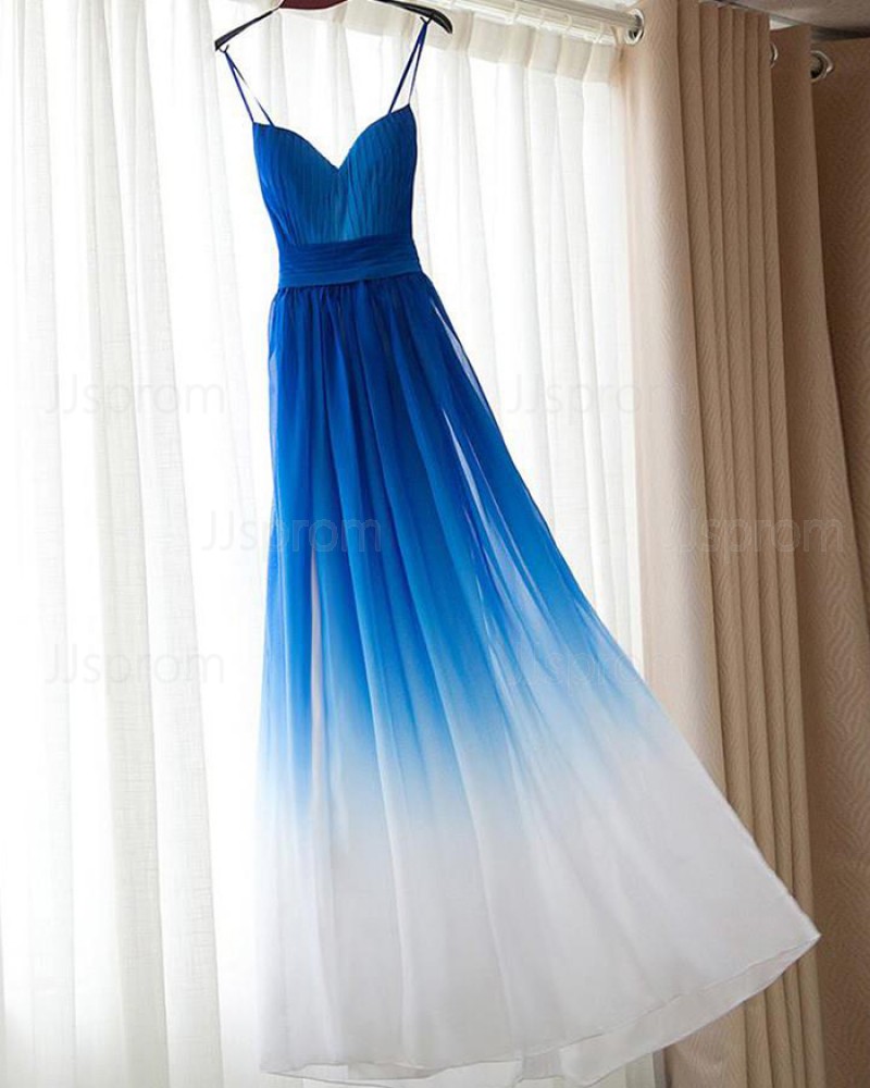 Blue and White Ruched Spaghetti Straps Tulle Bridesmaid Dress PM1280