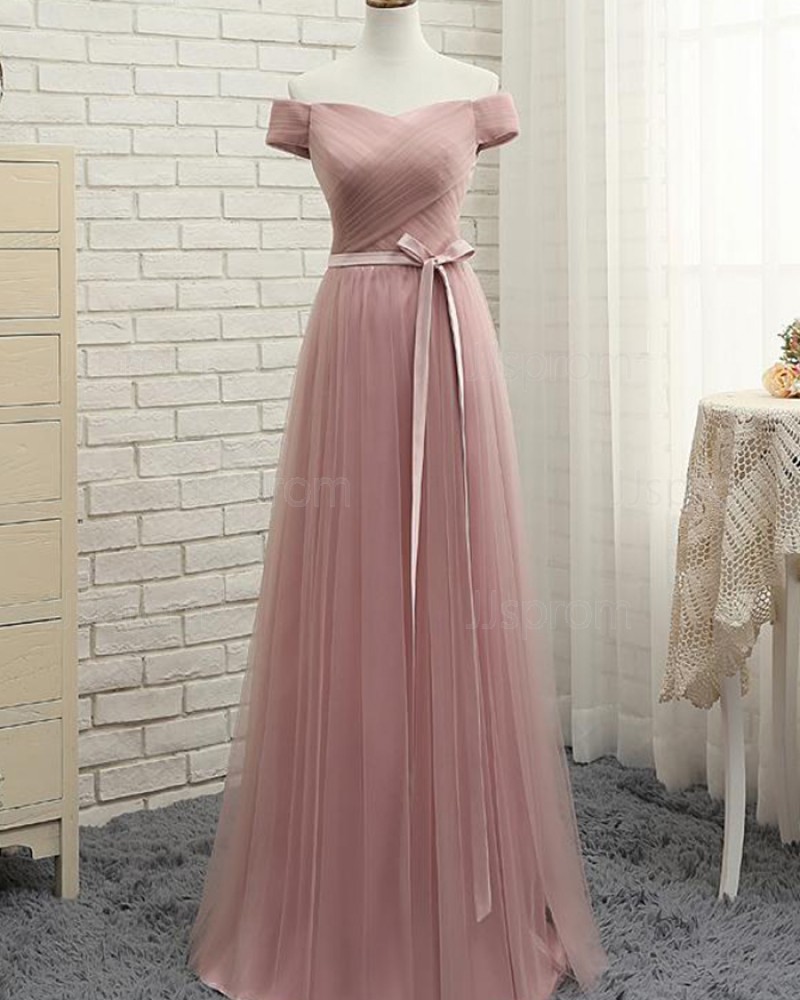 Long Off the Shoulder Dusty Pink Ruched Tulle Bridesmaid Dress PM1285