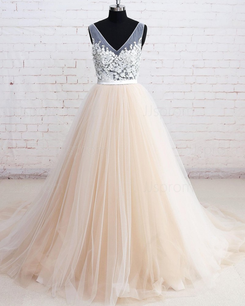 White and Champagne V-neck Tulle Floral Ball Gown Formal Dress PM1290