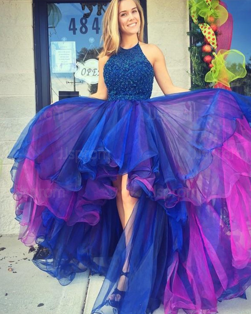 Blue and Red Halter High Low Tulle Beading Prom Dress PM1292