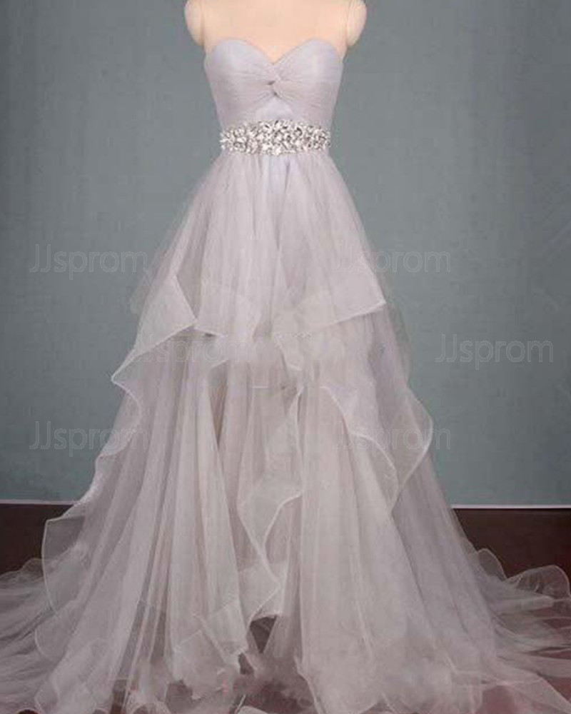 High Low Grey Sweetheart Ruched Beading Ruffled Prom Dress PM1296