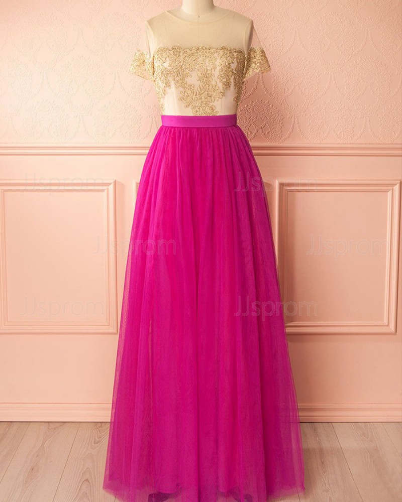 Gold and Red Tulle Appliqued Sheer Neck Bridesmaid Dress with Short Sleeves PM1297