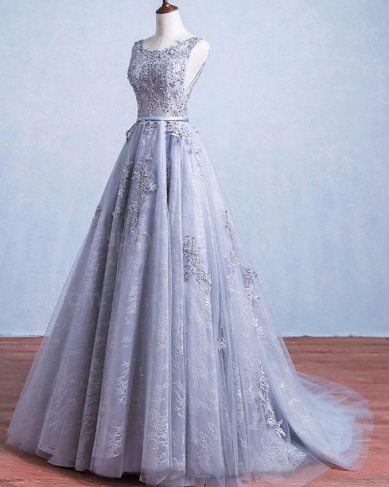 Dusty Blue Scoop Appliqued Lace Layered Evening Dress PM1299