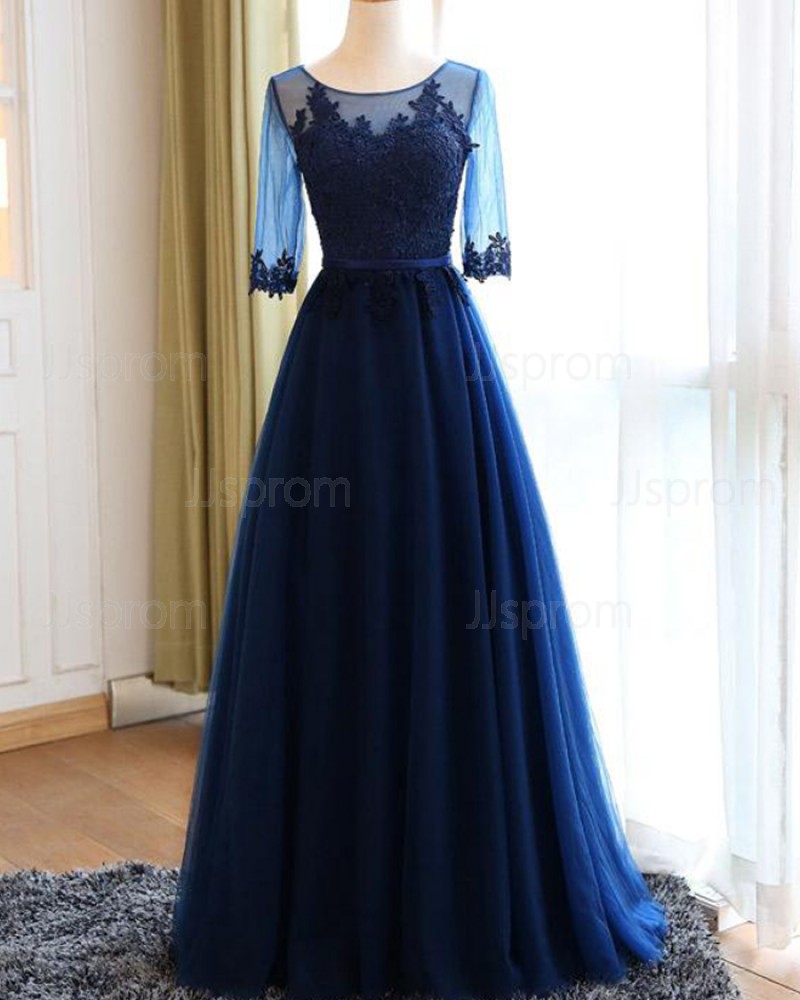 Navy Blue Scoop Appliqued Bodice Tulle Prom Dress with Half Length Sleeves PM1302