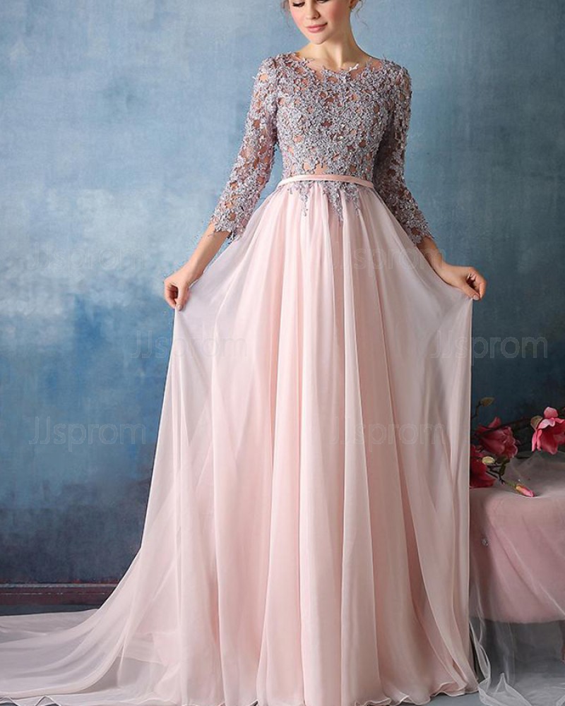 Pink Tulle Jewel Lace Appliqued Formal Dress with 3/4 Length Sleeves PM1303