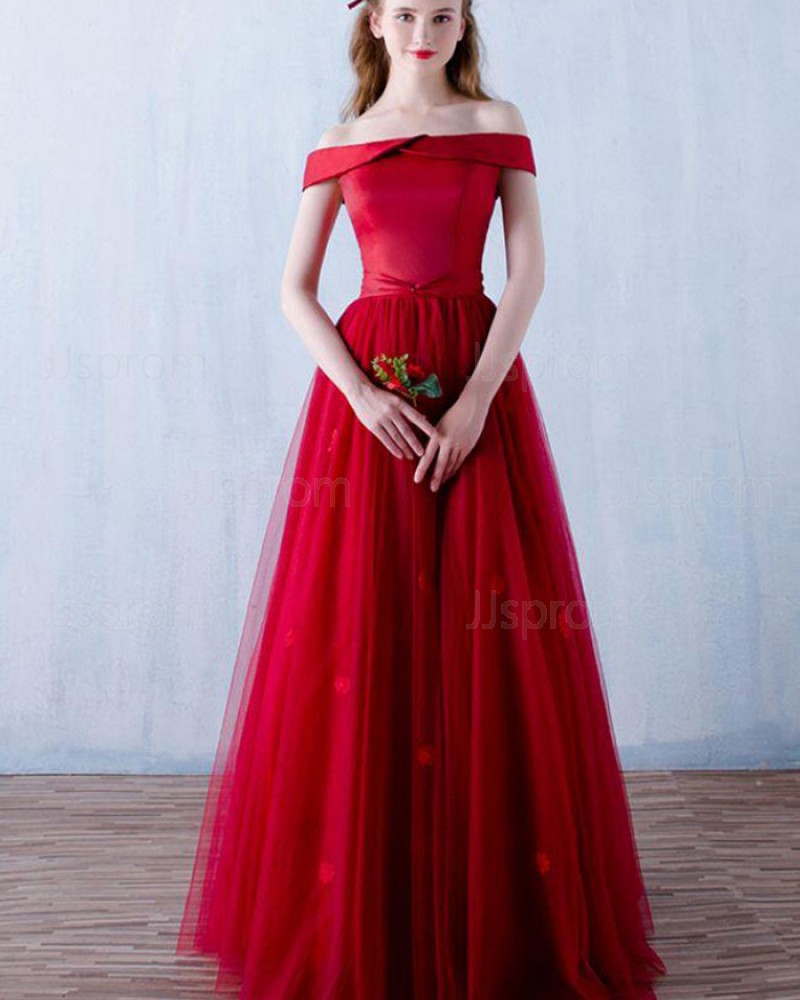 Long Off the Shoulder Red Satin Prom Dress with Handmade Flowers PM1304