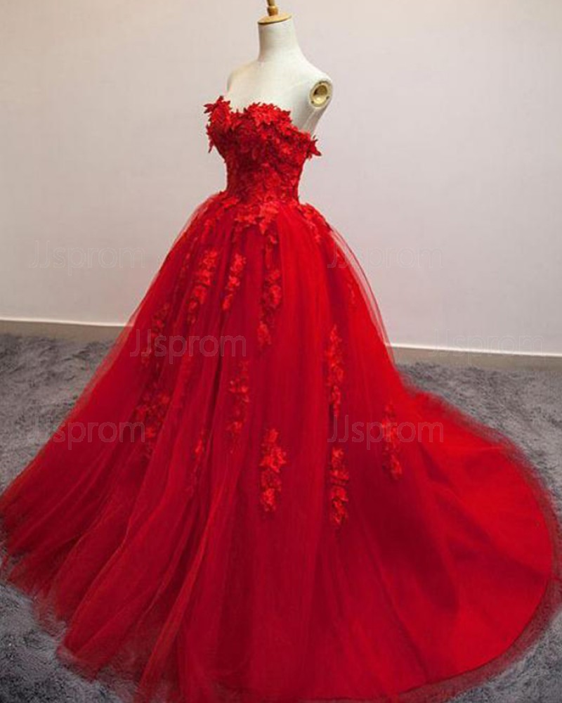 Red Tulle Sweetheart Ball Gown Evening Dress with Handmade Flowers PM1306