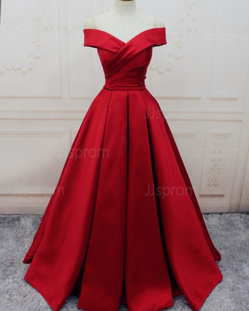 Simple Long Red Off the Shoulder Pleated Satin Prom Dress PM1307