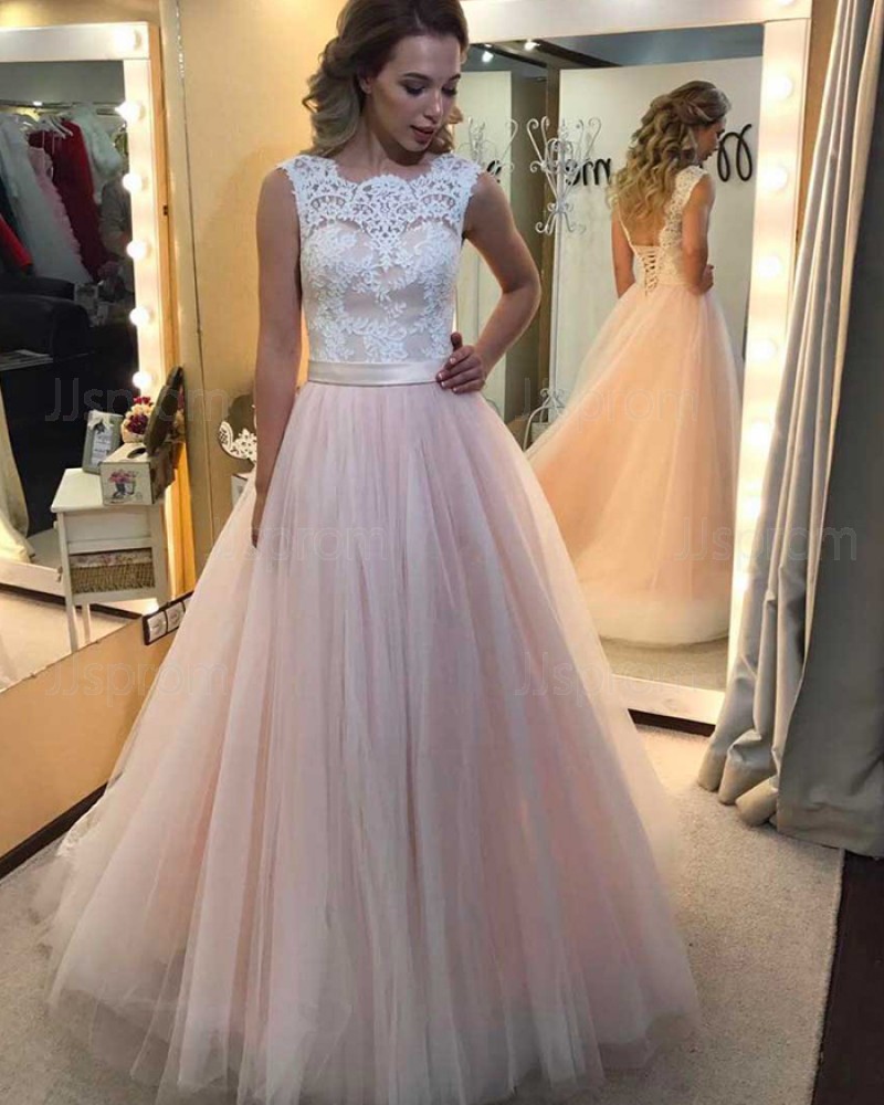 Long Pink Tulle Jewel Lace Appliqued Bodice Prom Dress PM1312