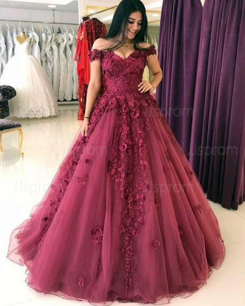 Mulberry Off the Shoulder Lace Appliqued Ball Gown with Handmade Flowers PM1313