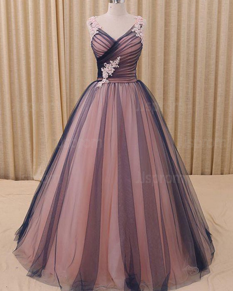 Pink and Black Appliqued V-neck Ruched Ball Gown Evening Dress PM1315