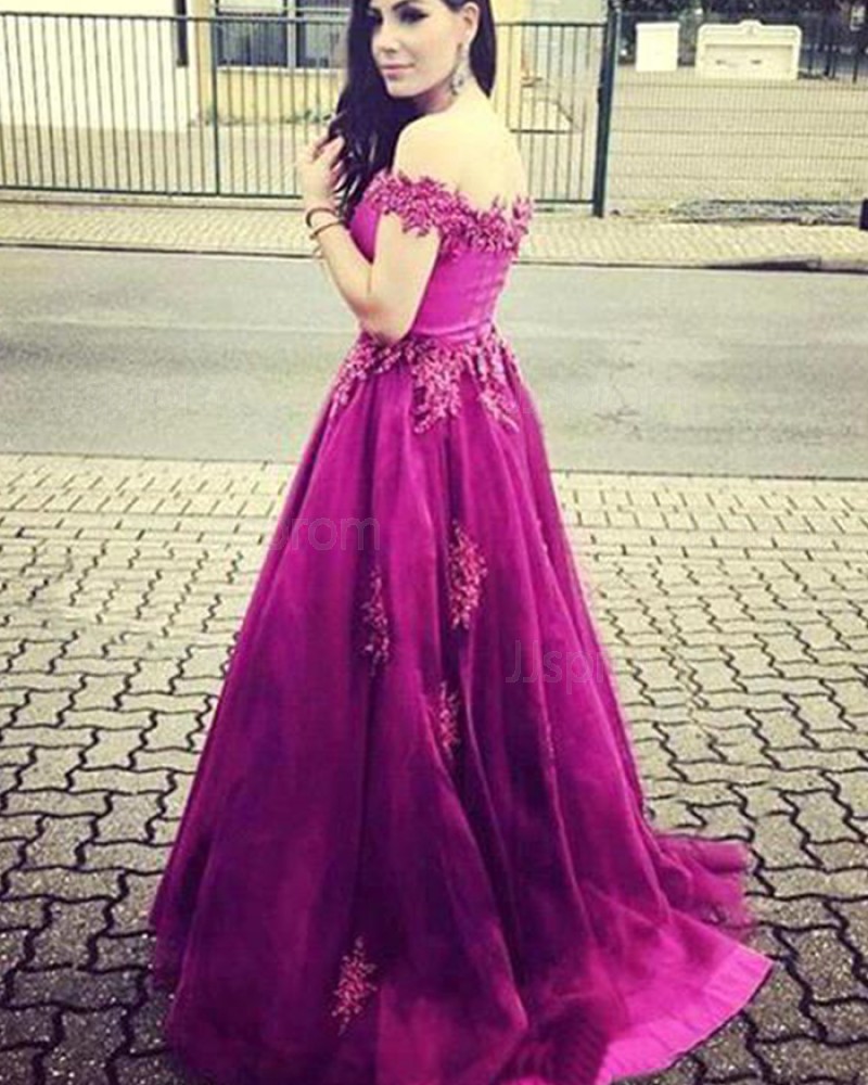 Mulberry Satin Off the Shoulder Beading Prom Dress with Appliques PM1316