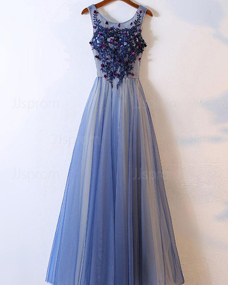 Long Blue Tulle Scoop Appliqued Prom Dress with Handmade Flowers PM1317