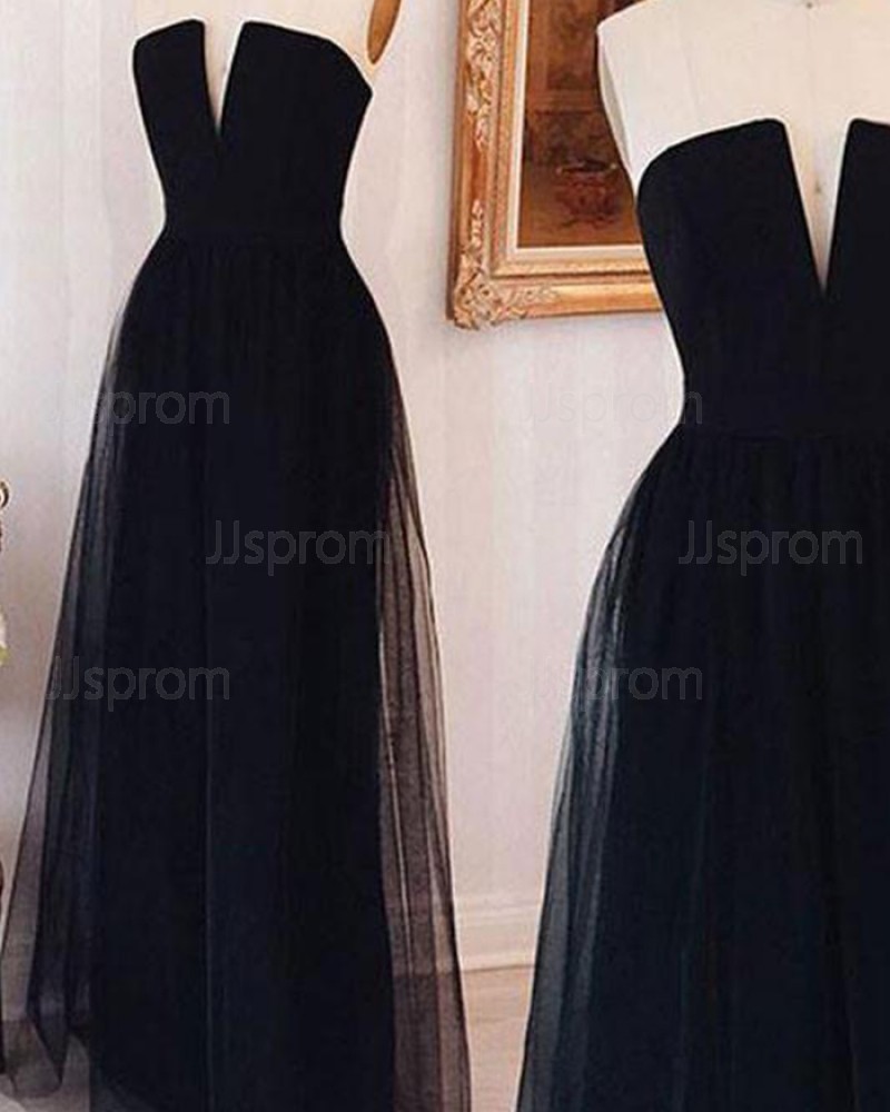 Simple Long Black Cutout Tulle and Satin Prom Dress PM1318