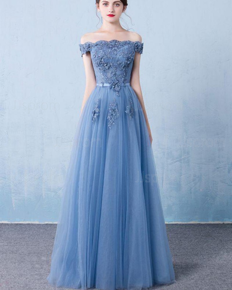 Long Tulle Off the Shoulder Blue Appliqued Prom Dress PM1320