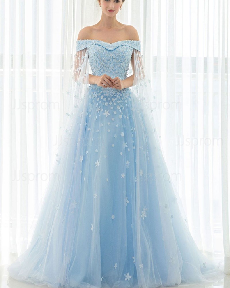 Gorgeous Light Blue Off the Shoulder Tulle Appliqued Ball Gown Evening Dress PM1331