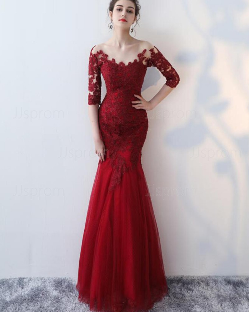 Burgundy Appliqued Off the Shoulder Mermaid Prom Dress with Half Length Sleeves PM1336