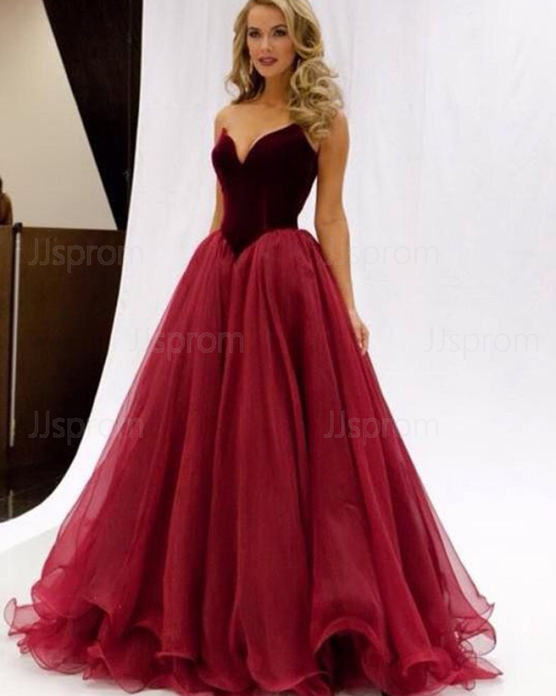 Simple Long Red Tulle Sweetheart Ball Gown Prom Dress PM1337