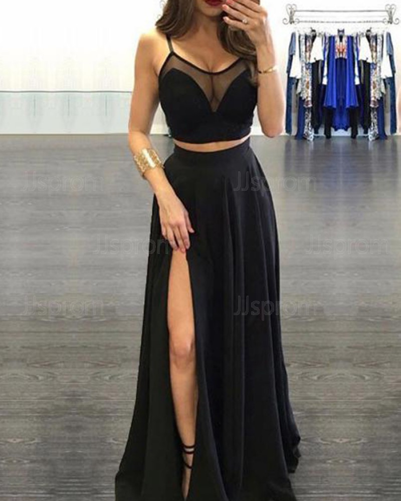 Spaghetti Two Piece Satin Straps Black Prom Dress with Side Slit PM1338