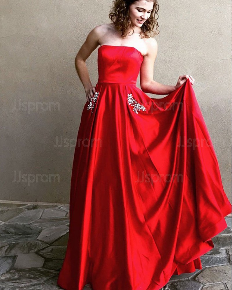 Simple Long Strapless Red Satin Prom Dress with Beading Pockets PM1340