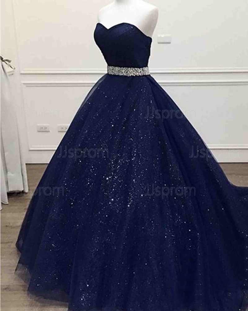 Long Navy Blue Sparkle Sweetheart Tulle Prom Dress with Beading Belt PM1346