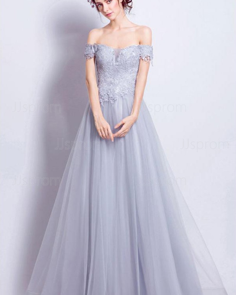 Dusty Blue Off the Shoulder Lace Appliqued Bodice Long Prom Dress PM1348