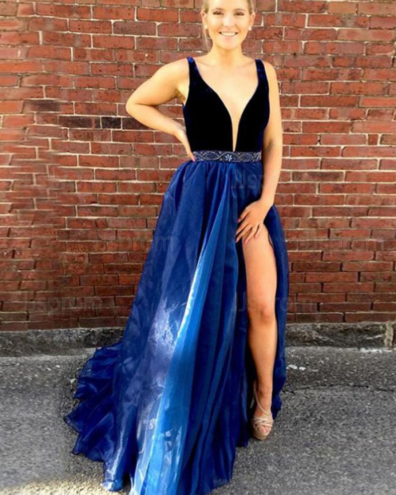 Blue Tulle Deep V-neck Beading Prom Dress with Side Slit PM1349