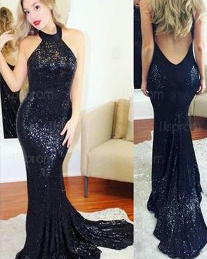 Navy Blue Halter Sequined Mermaid Long Prom Dress PM1352