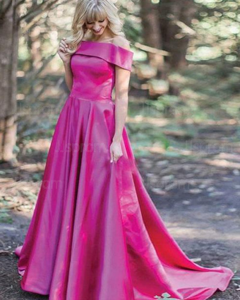 Simple Long Red Off the Shoulder Satin Prom Dress PM1353