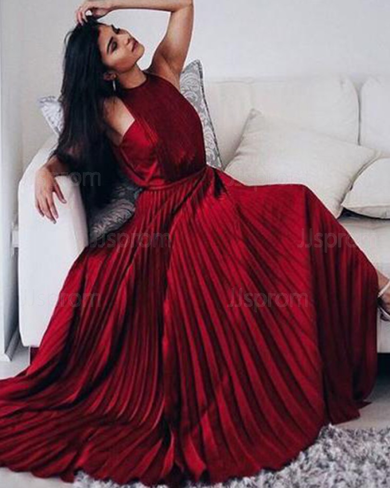 Elegant Long Halter Rose Red Satin Pleated Prom Dress PM1354