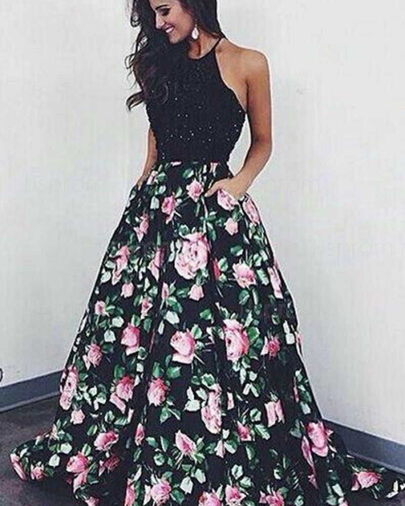 Long Floral Print Halter Beading Bodice Prom Dress PM1358