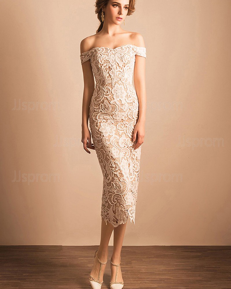 Lace Ankle Length Off the Shoulder Ivory Sheath Graduation Dress PM1361