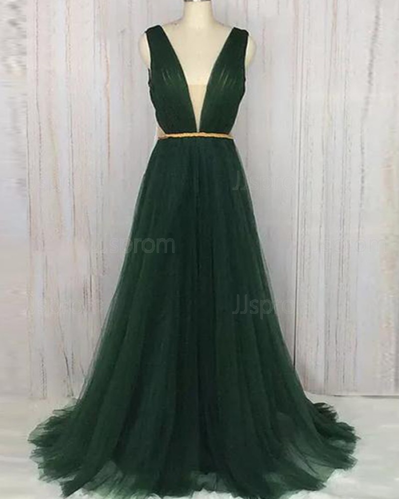 Long Tulle Deep V-neck Ruched Dark Green Formal Dress PM1364