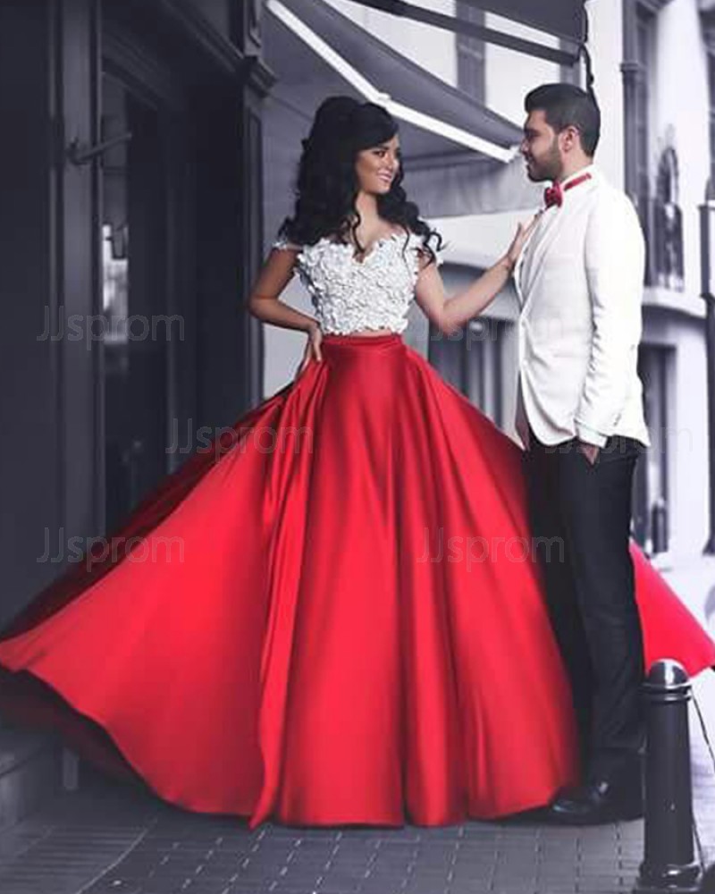 Two Piece Off the Shoulder White and Red Prom Dress with Handmade Flowers PM1366