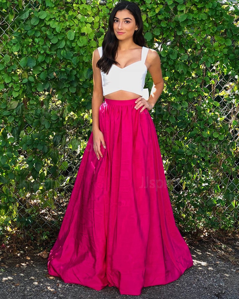 Long Two Piece White & Red Square Prom Dress with Bowknot PM1371