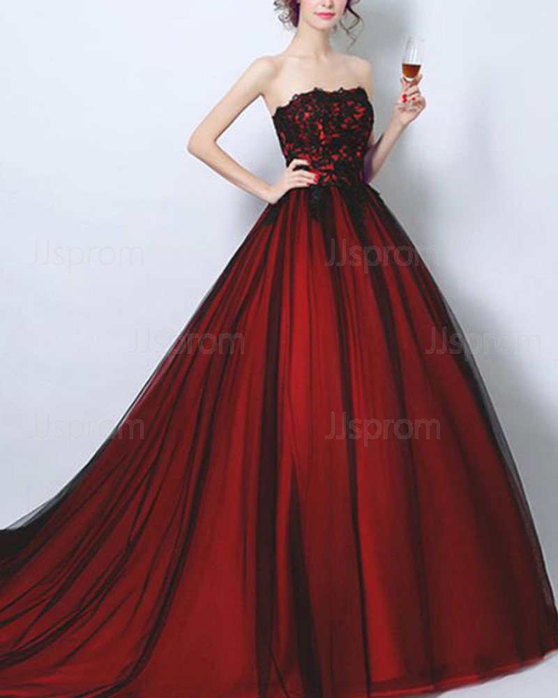Strapless Burgundy Lace Bodice Ball Gown Evening Dress PM1372