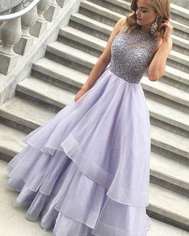 High Neck Long Lace Bodice Lavender Prom Dress with Layered Skirt PM1373