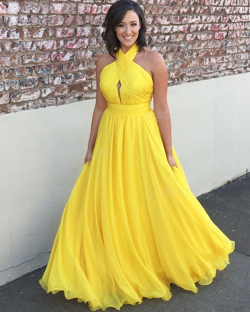 Simple Long Yellow Chiffon Halter Pleated Prom Dress PM1374