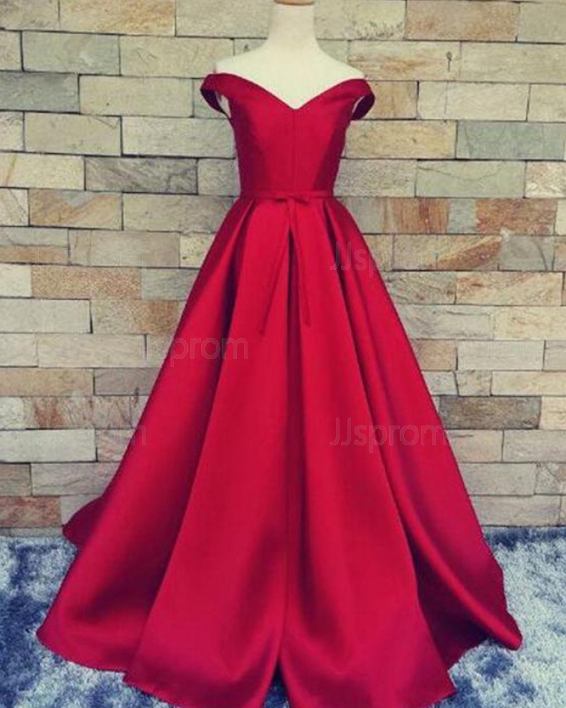 Simple Long Off the Shoulder Burgundy Satin Prom Dress PM1375