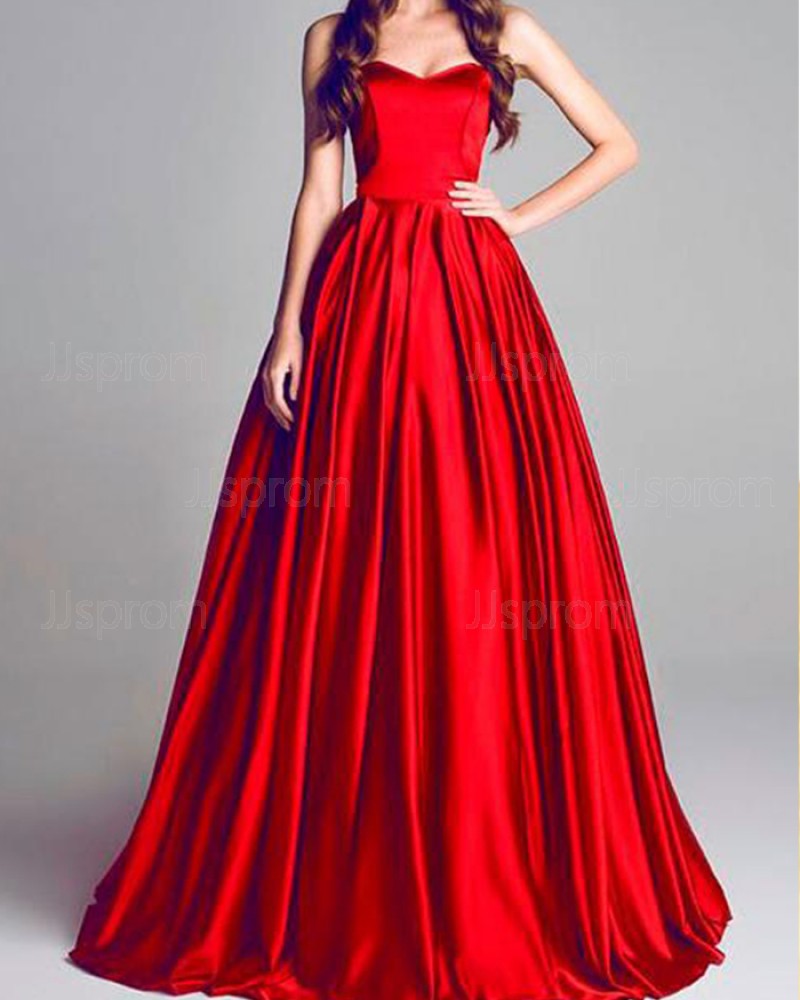 Simple Red Sweetheart Pleated Satin Long Prom Dress PM1381