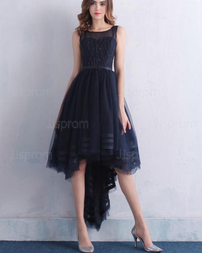 High Low Tulle Jewel Navy Blue Beading Prom Dress PM1382